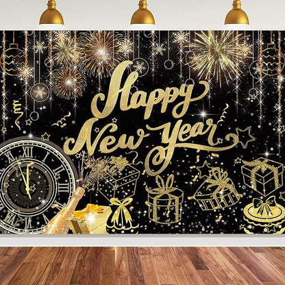 Happy New Year Backdrop,7x5FT 2026 Black Happy New Year Backdrop Party Decor New Year Banner New Year Eve Party Backdrop Supplies