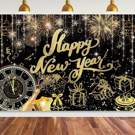 Happy New Year Backdrop,7x5FT 2026 Black Happy New Year Backdrop Party Decor New Year Banner New Year Eve Party Backdrop Supplies