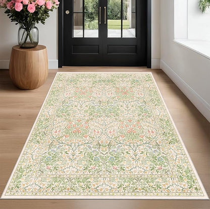 Beige Green 4x6 Washable Area Rug for Living Room, Large Entryway, Nursery, Bedroom, Kitchen, Ultra Soft Non Slip Stain Resistance, Floral Distressed Aethestic Design