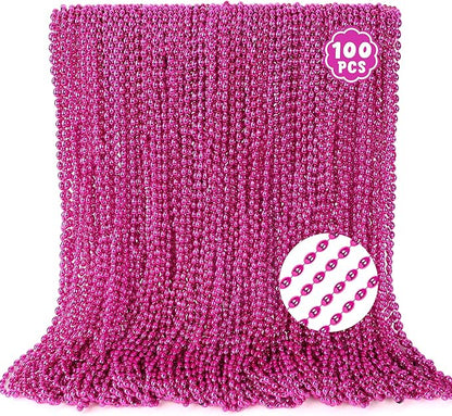 100PCS Breast Cancer Awareness Accessories, Oval Pink Bead Necklace Party Favors, 32" Metallic Mardi Gras Necklace Stuff, Festival Parade Throw Accessories for Wedding Birthday Celebrations Decor