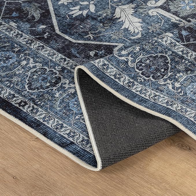 Bloom Rugs Caria Washable Non-Slip 5x7 Rug - Blue/Charcoal Traditional Area Rug for Living Room, Bedroom, Dining Room, and Kitchen - Exact Size: 5' x 7'