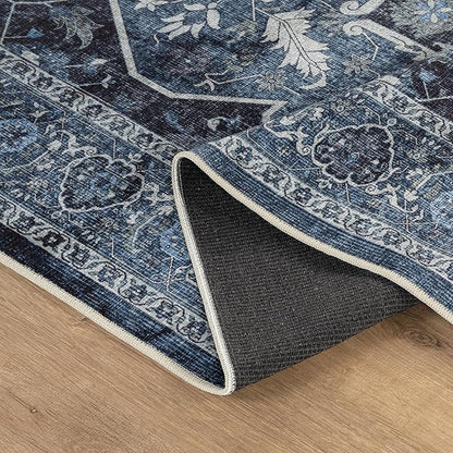 Bloom Rugs Caria Washable Non-Slip 4x6 Rug - Blue/Charcoal Traditional Area Rug for Living Room, Bedroom, Dining Room, and Kitchen - Exact Size: 4' x 6'