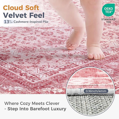 OPPODREAM Thin Vintage Pink 2x6 Runner Rug, 2 x 6 Retro Washable Rug Non Slip, Low-Pile Faux Wool Carpet, Distressed Floor Mat for Kitchen, Hallway, Entry-Way, Entrance, Indoor Back Door