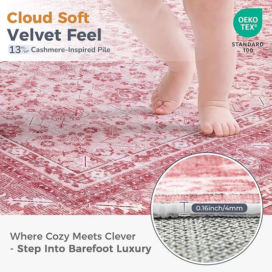 OPPODREAM Thin Vintage Pink 3x6 Runner Rug, 3 x 6 Retro Washable Rug Non Slip, Low-Pile Faux Wool Carpet, Distressed Floor Mat for Kitchen, Hallway, Entry-Way, Entrance, Indoor Back Door
