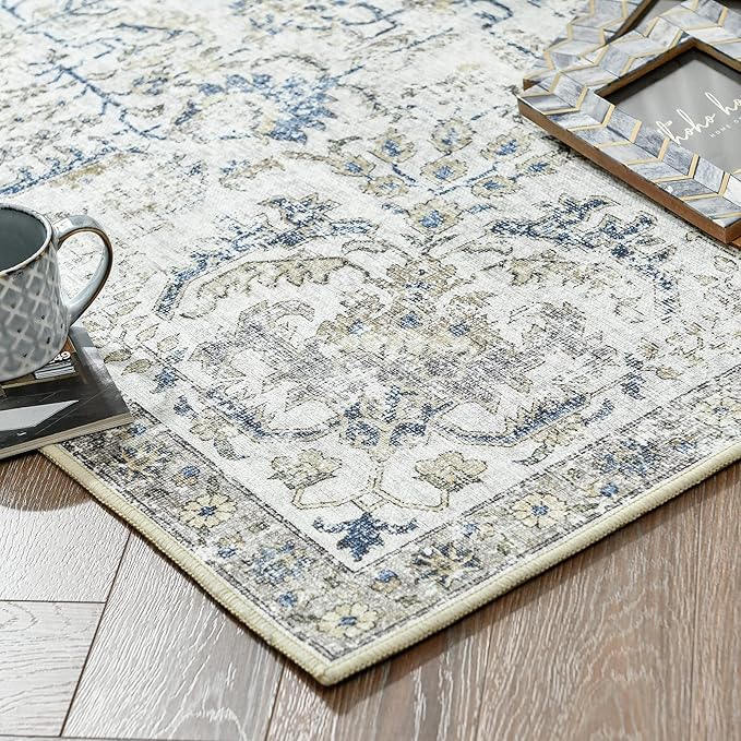 jinchan Runner Rug 3x10 Washable Hallway Rug Vintage Indoor Thin Retro Floor Cover Floral Country Lightweight Non Slip Carpet for Entryway Bathroom Kitchen Bedroom Living Room Stairway Blue