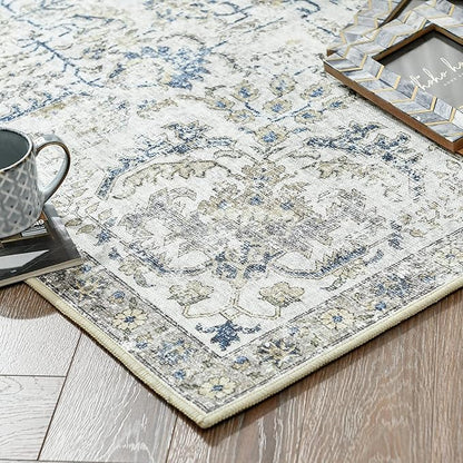 jinchan Runner Rug 2x5 Washable Hallway Rug Vintage Indoor Thin Retro Floor Cover Distressed Floral Country Lightweight Non Slip Carpet for Entryway Bathroom Kitchen Bedroom Living Room Blue