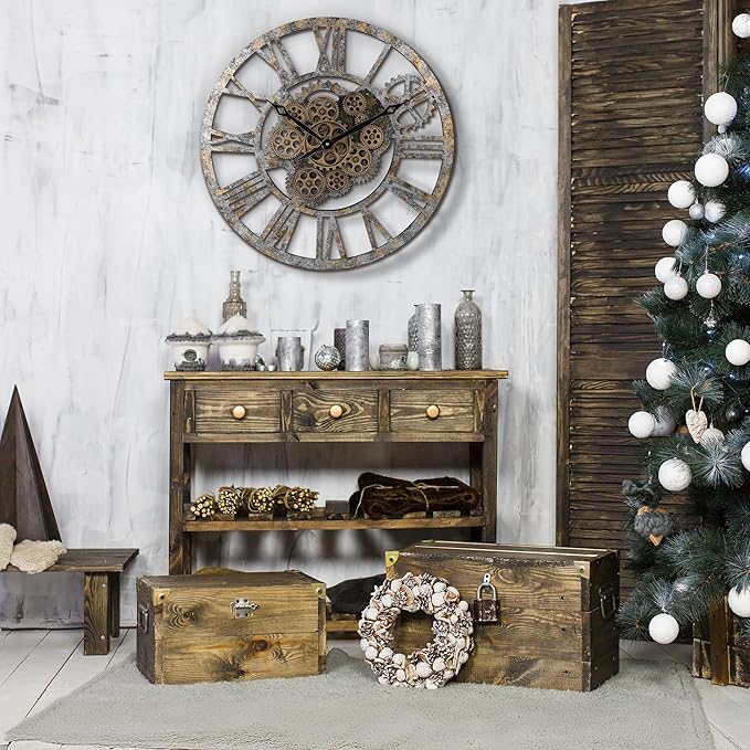 Lafocuse 23 Inch Real Moving Gear Wall Clock, Steampunk Wooden Large Wall Clock for Living Room Decor, Farmhouse