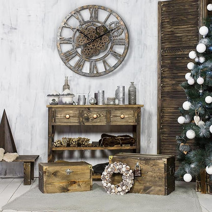 Lafocuse 23 Inch Real Moving Gear Wall Clock, Steampunk Wooden Large Wall Clock for Living Room Decor, Farmhouse