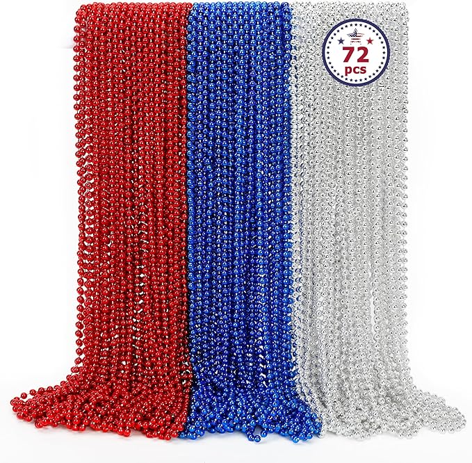 4th of July Necklace Accessories, 72PCS Veterans Day Beads Necklace Bulk, Round Fourth of July Red Blue Silver Beads Party Favors, Bead Bulk for Veterans Day Patriotic Parade Party Celebration