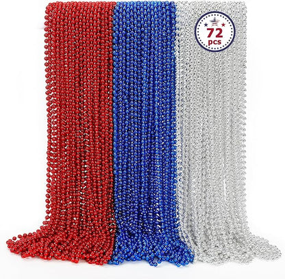 4th of July Necklace Accessories, 72PCS Veterans Day Beads Necklace Bulk, Round Fourth of July Red Blue Silver Beads Party Favors, Bead Bulk for Veterans Day Patriotic Parade Party Celebration