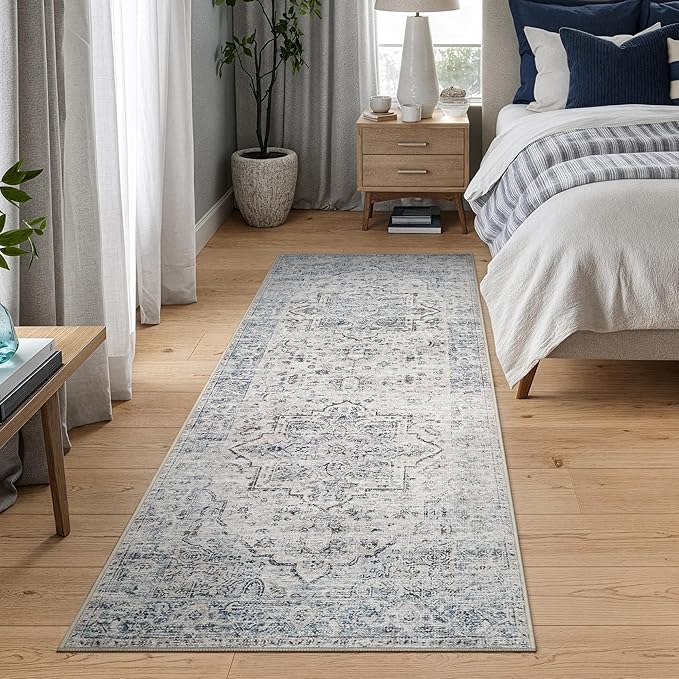 Bloom Rugs Caria Washable Non-Slip 12 ft Runner - Ivory/Blue/Gray Traditional Runner for Entryway, Hallway, Bathroom, and Kitchen - Exact Size: 2'6" x 12'