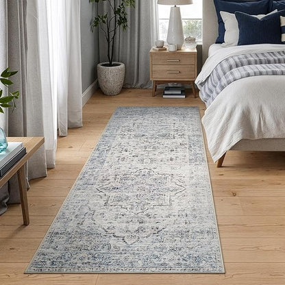 Bloom Rugs Caria Washable Non-Slip 12 ft Runner - Ivory/Blue/Gray Traditional Runner for Entryway, Hallway, Bathroom, and Kitchen - Exact Size: 2'6" x 12'