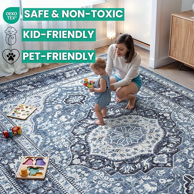 Bloom Rugs Caria Washable Non-Slip 5x7 Rug - Blue Traditional Area Rug for Living Room, Bedroom, Dining Room, and Kitchen - Exact Size: 5' x 7'