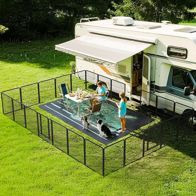 FXW Instant Unleashed Dog Playpen, Portable Pet Fence for Outdoor, RV Trips, and Camping, 32 inch, 24 Panels for Small and Medium Dogs with 7' x 9' RV Mat│Patented