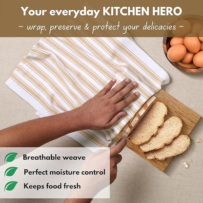 Native Fab 100% Cotton Beige Kitchen Towels - 16x26 inches - Set of 12 - Basket Weave Stripe Dish Towels for Cleaning, Drying Dishes, Absorbent Dish Cloths Set with Hanging Loop - Beige White
