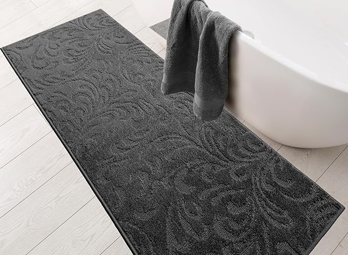10 Ft Non-Slip Dark Grey Anthracite Hallway Kitchen Runner Rug, 2'7" X 10' Washable Carpet - Rubber Backed, Charcoal Custom Size Floor Mat for Entryway Stairs Bedroom Bathroom Mudroom, Floral