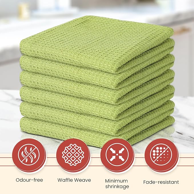 Vintage Vista 100% Cotton Waffle Dish Cloths (Pack of 6) - Dish Rags for Washing Dishes - Reusable & Highly Absorbent Kitchen Towels - Kitchen Rags for Christmas - (12" x 12" - Light Green)