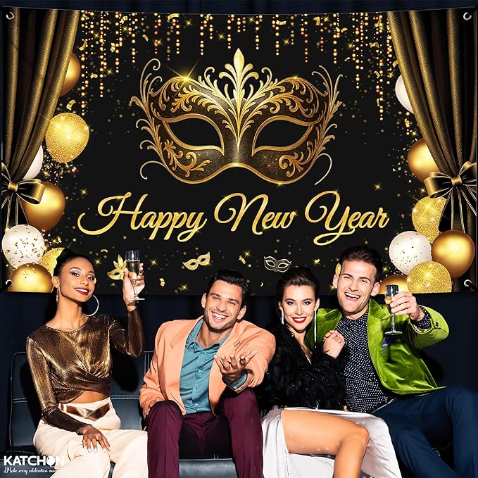KatchOn, Happy New Year Banner 2026 - XtraLarge, 72x44 Inch | Happy New Year Backdrop with Mask for Happy New Years Decorations 2026 | NYE Backdrop for NYE Decorations 2026 | New Years Eve Party Supplies 2026