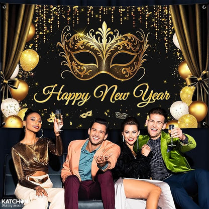 KatchOn, Happy New Year Banner 2026 - XtraLarge, 72x44 Inch | Happy New Year Backdrop with Mask for Happy New Years Decorations 2026 | NYE Backdrop for NYE Decorations 2026 | New Years Eve Party Supplies 2026