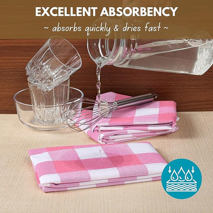 Native Fab Pink Checked Kitchen Towel 16"x26" - 4 Pack Buffalo Plaid Cotton Dish Towels - Absorbent Dishcloth Set, Soft Reusable Towels with Hanging Loop - Pink White