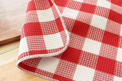 Waffle Weave Plaid Dish Cloths, 100% Cotton - 12 x 12 Inches, Ultra Soft Absorbent Quick Drying Dish Towels Buffalo Check Dish Rags for Kitchen, 6 Pack - Fall Thanksgiving - Red and White