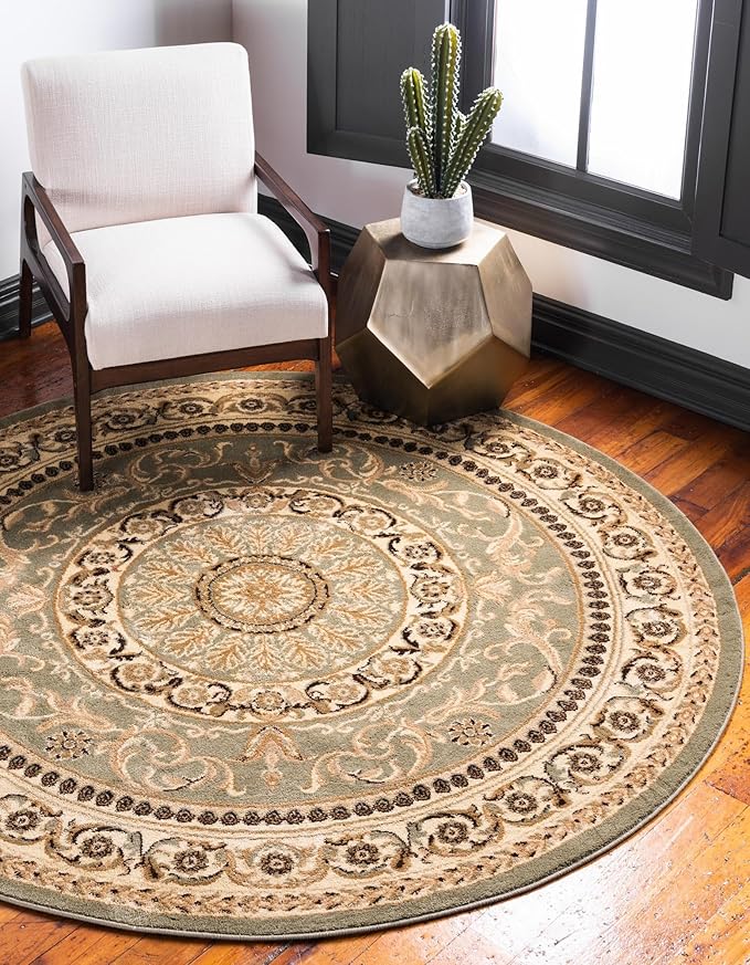 Rugs.com Chateau Collection Rug – 6 Ft Round Light Green Medium-Pile Rug Perfect for Kitchens, Dining Rooms