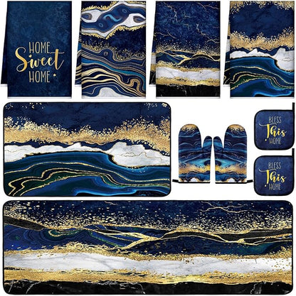 10 Pcs Christmas Marble Farmhouse Kitchen Decor Accessories Set Marble Kitchen Dish Towels Rugs Oven Mitts and Pot Holders Sets for Cooking Baking Daughter Mom Gift(Blue)