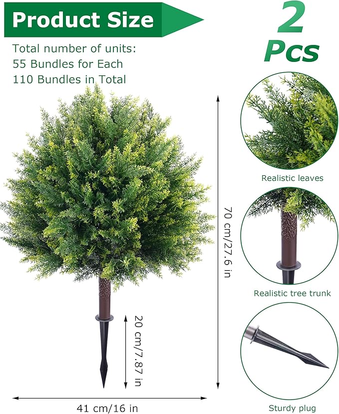 Artificial Cypress, 27.55'' Topiary Trees Artificial Outdoor, Faux Cedar Shurbs with Ground Spike, UV - Resistant Faux Plants for Outdoor planters, Set of 2 Fake Bushes Front Porch