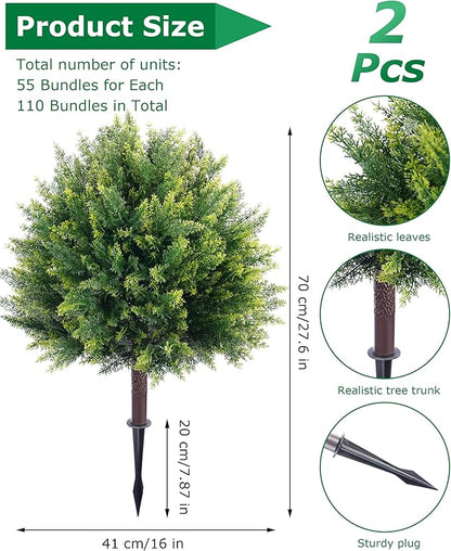 Artificial Cypress, 27.55'' Topiary Trees Artificial Outdoor, Faux Cedar Shurbs with Ground Spike, UV - Resistant Faux Plants for Outdoor planters, Set of 2 Fake Bushes Front Porch
