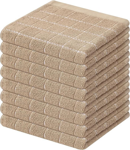 Mordimy 100% Cotton Terry Cloth Dish Cloths, Soft and Absorbent Checkered Dish Towels, Quick Drying Dish Rags for Washing Dishes, 8 Pack, 12 x 12 Inches, Tan