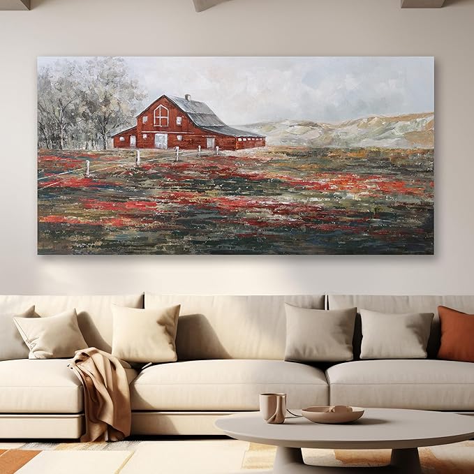 Farmhouse Wall Art Canvas Picture Red Rustic Barn Farm Artwork Decor Country Landscape Panoramic Countryside Rural Nature Scene Painting for Living Room Bedroom Office Decor Wall Decor 24"x48"