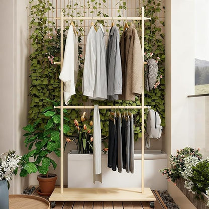 Solid Wood Coat Rack with 6 Hangers & Wheels, Freestanding Garment Rack with Shelf & 4 Hooks for Hanging Clothes, Heavy Duty Coat Stand for Hallway, Bedroom