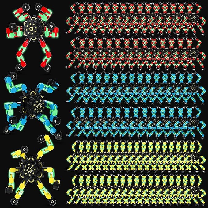 Junkin Funny Sensory Fidget Toy Bulk Transformable Chain Robot Finger Toys Fidget Spinners Stress Relief Fingertip Gyro Mechanical Spiral Spinner Valentine's Gift for Adult Kids(Glow,100 Pcs)