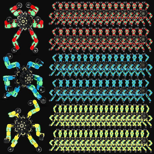 Junkin Funny Sensory Fidget Toy Bulk Transformable Chain Robot Finger Toys Fidget Spinners Stress Relief Fingertip Gyro Mechanical Spiral Spinner Valentine's Gift for Adult Kids(Glow,100 Pcs)