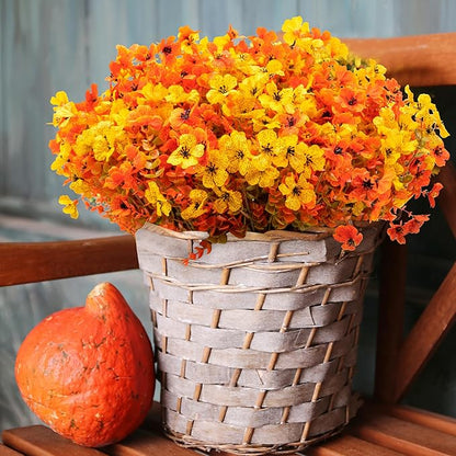 16 Bundles Artificial Mums for Outdoors/Indoors Faux Mums for Outdoor Planters, Eucalyptus Leaves Fall Flowers Artificial for Decoration Boxwood Garden Porch Window Home Wedding (Yellow&red Green)