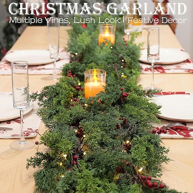 6 Feet Pre-Lit Artificial Christmas Garland with Lights -Real Touch Cedar Garland -Battery Operated -Christmas Decorations -Garland for Table, Fireplace, Mantle,Wall, Indoor Outdoor -Home Decor