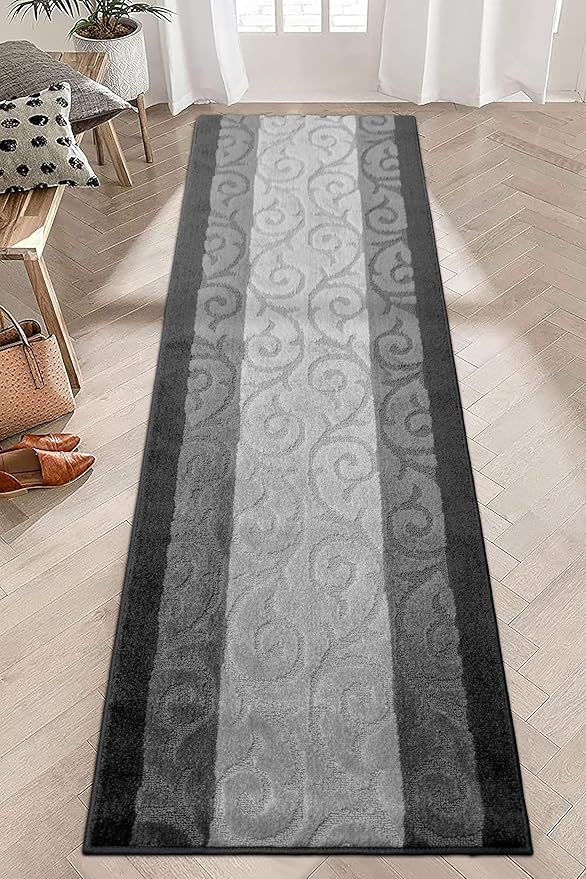 Custom Size Hallway Runner Rug, Slip Resistant, 26 Inch Wide x Your Choice of Length Size, Scroll Anthracite, 26 Inch X 16 Feet, Sold and Priced Per Foot