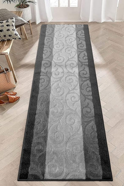Custom Size Hallway Runner Rug, Slip Resistant, 26 Inch Wide x Your Choice of Length Size, Scroll Anthracite, 26 Inch X 30 Feet, Sold and Priced Per Foot