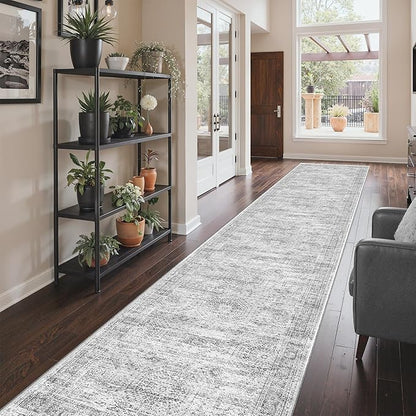3x14 Washable Runner Rug for Hallway, Non-Slip Long Hallway Runner for Entryway, Soft Vintage Kitchen Mats for Floor, Abstract Dining Room, Bedroom, Living Room Rugs(3'x14', Grey/Ivory)