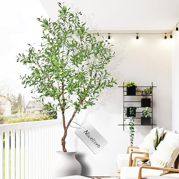 Faux Olive Tree Fake Tree Artificial Indoor 7 Feet (84 inches) Realistic Potted Silk Indoor Large Fruit for Home Offices, Living Rooms, Bedrooms, Stairs and Foyer Decor