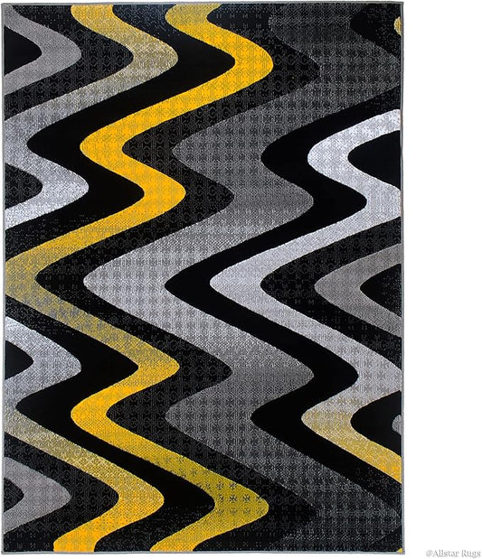 Allstar 5x7 Grey and Gainsboro Grey Modern and Contemporary Rectangular Accent Rug with Yellow and Charcoal Grey Wavy Zigzag Design (4' 11" x 6' 11")