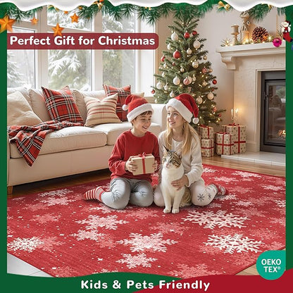 2x6 Runner Rug Non Slip for Entrance, Washable Christmas Kitchen Rugs, Ultra-Thin Snowflake Bathroom Rug Runner, Soft Red and White Christmas Decor Indoor(2'x6', Red/White)