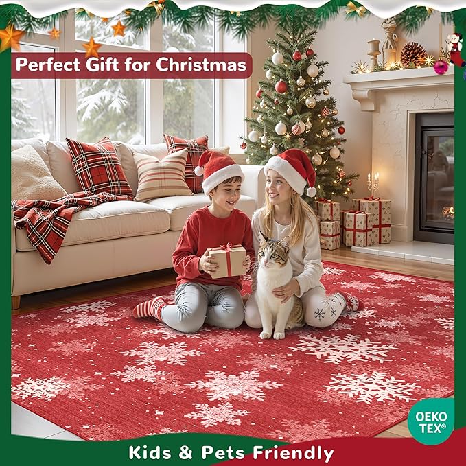 2x5 Christmas Runner Rug for Kitchen, Snowflake Rugs for Bathroom, Washable Hallway Runner with Non-Slip Backing, Soft Red and White Christmas Decor Indoor(2'x5', Red/White)