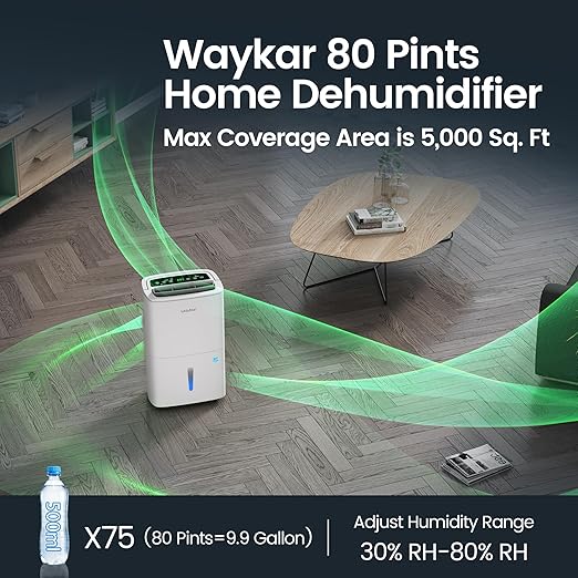 Waykar 80 Pints Energy Star Home Dehumidifier for Spaces up to 5,000 Sq. Ft at Home, in Basements and Large Rooms with Drain Hose, Handle, Auto Defrost and Self-Drying.