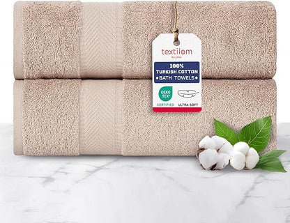 TEXTILOM 100% Turkish Cotton 2 Pcs Bath Towel Set, Luxury Bath Towels for Bathroom, Soft & Absorbent Hotel Quality Bathroom Towels Set (27 x 54 inches)- Beige