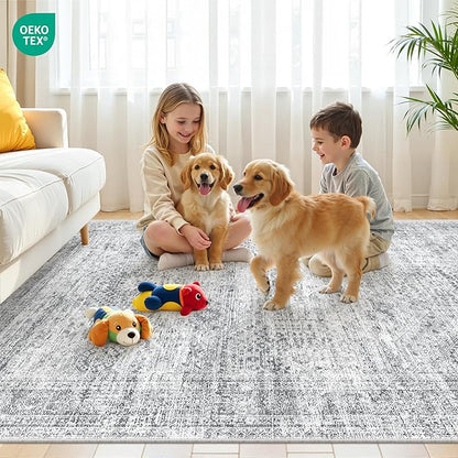 6x9 Rug for Living Room,Soft Low Pile Indoor Washable Rugs for Bedroom, Non-Slip Backing Vintage Large Area Rug, Printed Abstract Carpet(6'x9', Grey/Ivory)