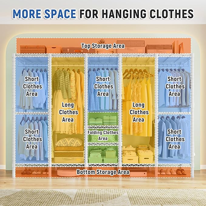 Raybee 88.2" W Clothes Rack Heavy Duty Clothing Racks for Hanging Clothes Portable Closet Loads 1200LBS Freestanding Garment Rack for Bedroom 88.2" W x 75.6" H x 15.7" D, White