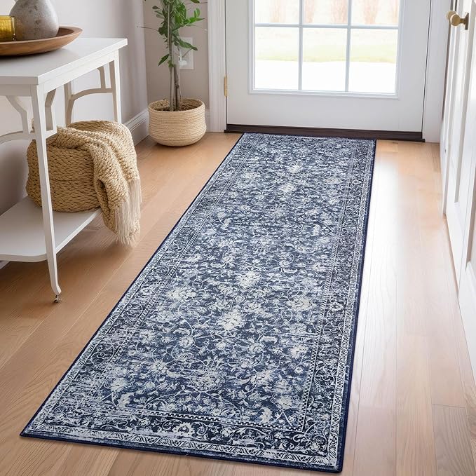 KILOCOCO Hallway Runner 2x5 Printed Vintage Floral Washable Kitchen Runner Rug Non-Slip Runners for Hallways Distressed Boho Runners for Bedroom Laundry Room, Navy Blue
