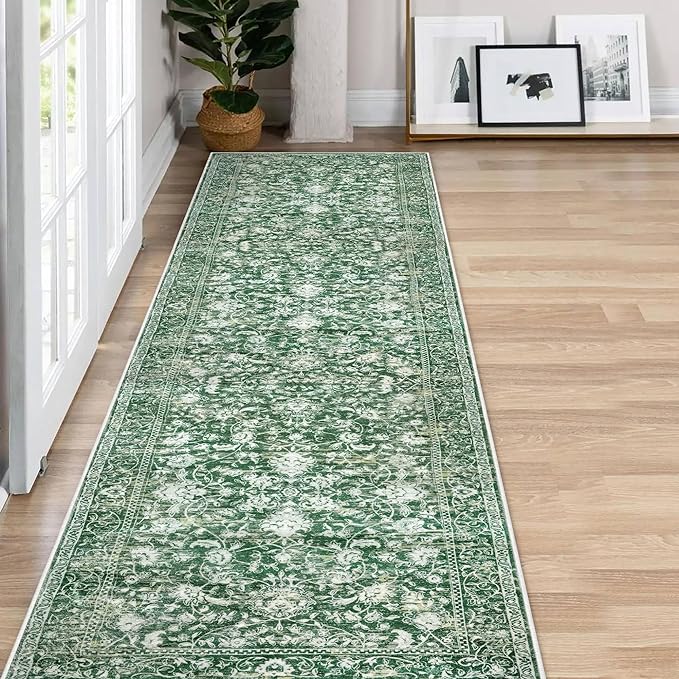 KILOCOCO Hallway Runner 2x8 Rug Runner Printed Vintage Floral Washable Kitchen Runners Non-Slip Rubber Backed Runners for Hallways Laundry Room Distressed Boho Rugs for Entryway Bedroom, Green