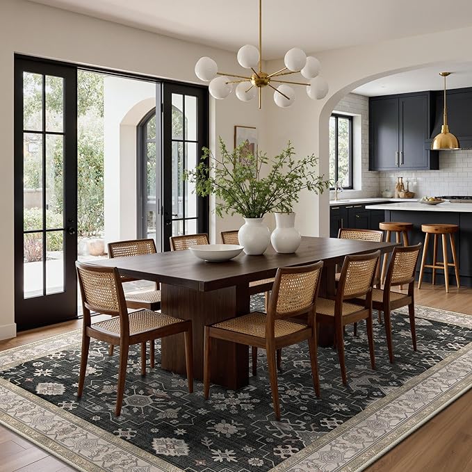 GENIMO 6x9 Area Rugs for Living Room,Machine Washable Non-Slip Vintage Rug, Low Pile Lightweight Carpet for Bedroom, Dining Room, Home Office, Stain & Fade Resistant,Black